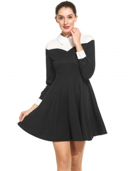 

Black Women Casual Doll Collar Long Sleeve Contrast Color Patchwork A-Line Short Shirt Dress, Multicolor