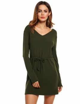 

Army green Women V-Neck Long Sleeve Solid Straight Short Casual Dresses, Multicolor