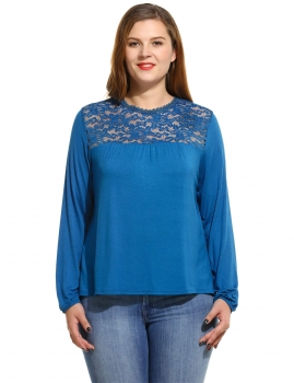 

Plus Size O-Neck Long Sleeve Lace Patchwork Casual Top, Multicolor