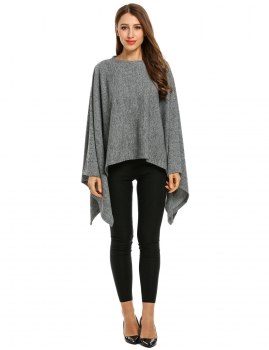 

Gray O-Neck Batwing Sleeve Solid Cloak Pullover Knit Sweater