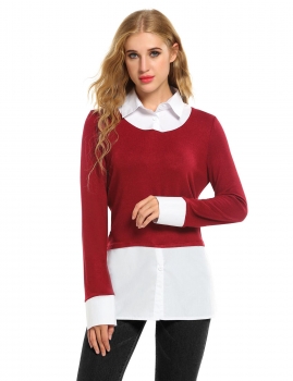 

Red Long Sleeve Lapel Contrast Color Pullover Tops, Multicolor