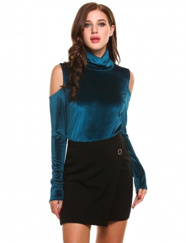 

Blue Velvet Solid Slim Cold Shoulder Solid Long Sleeve Party Tops, Multicolor