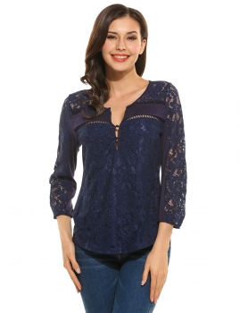 

NavyBlue Casual V-Neck 3"4 Sleeve Floral Lace Button Blouse Tops, Multicolor