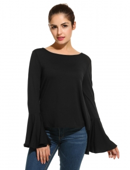 

Black Solid O-Neck Long Flare Sleeve Back Tie Tops, Multicolor