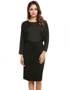 

Black New Women Casual O-Neck Long Batwing Sleeve Package Hip Back Hollow Out Work Dresses, Multicolor
