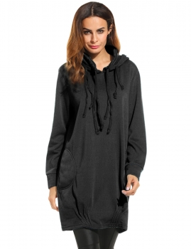 

Black Drawstring Hooded Pullover Fleece Long Hoodie With Pockets, Multicolor
