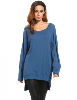 

Meaneor Lake blue Women O-Neck Double Side Slit Pullover High Low Hem Hoodies & Sweatshirts, Multicolor