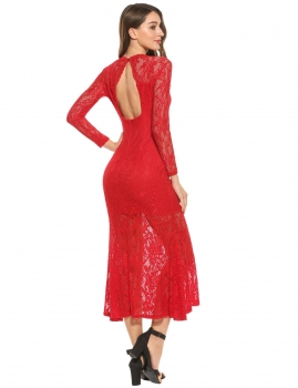 

Red Cut Out Back Lace Mermaid Maxi Dress with Lining, Multicolor