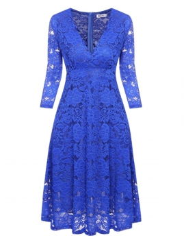 

Royal Blue V-Neck 3"4 Sleeve Lace Pleated Midi Party Dress, Multicolor