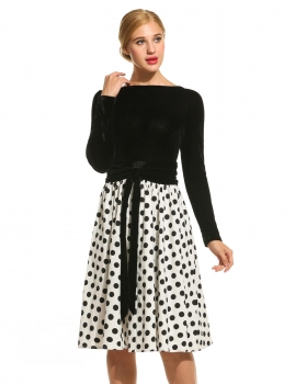 

New Women Elegant Polka Dot Vintage Style Patchwork Pleated Dress, Multicolor