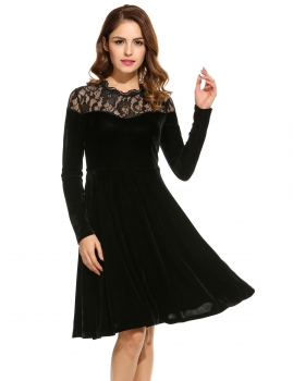 

New Women Casual O-Neck Long Sleeve Floral Patchwork Pleated Dress, Multicolor