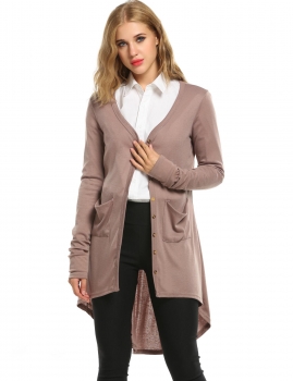 

Zeagoo Brown V-Neck Long Sleeve Button Down High Low Hem Casual Sweaters & Cardigans, Multicolor