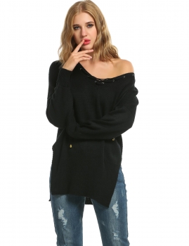 

Black Lace Up V-Neck Long Sleeve Slit Side Solid Loose Sweater, Multicolor
