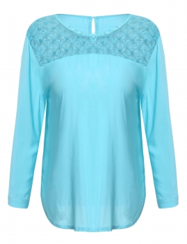 

Blue Long Sleeve Crochet Lace Side Slit Loose Tops, Multicolor