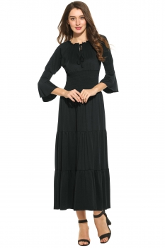 

New Women Casual V-Neck Three Quarter Ruffle Sleeve Solid Lace-up Tunic Elastic Pleated Maxi Dress, Multicolor