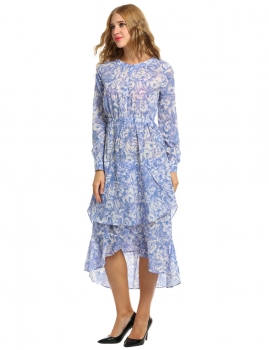 

Blue Women Fashion Long Sleeve High Waist Floral Button Down Asymmetrical Ruffle Hem A-Line Shirt Casual Dresses, Multicolor