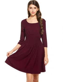 

Dark red Women 3"4 Sleeve Solid O Neck Pullover Tunic Casual Dresses, Multicolor