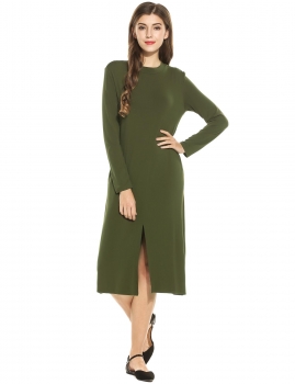 

Army green Women Fashion Stand Collar Long Sleeve Solid Front Slit Midi Dress, Multicolor