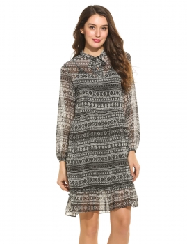 

Women Casual Puff Sleeve Print Bowknot Collar Lining Dress, Multicolor