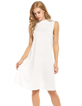 

New Women Casual O-Neck Sleeveless Solid Pleated Mini Vest Dress, Multicolor