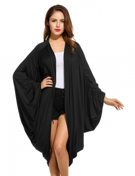 

Black Long Batwing Sleeve Collarless Solid Pleated Cardigan, Multicolor