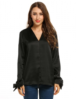 

Zeagoo Black V-Neck Knotted Long Sleeve Solid Loose Pullover Shirts & Blouses, Multicolor