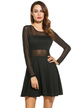 

Black Women Long Sleeve Sheer Mesh Patchwork Cocktail Party Mini Skater Going Out Dresses, Multicolor