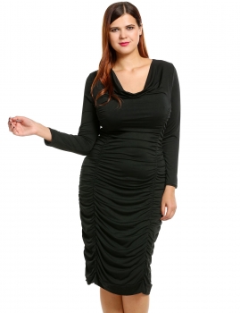 

Black Women Plus Sizes Sexy Cowl Neck Long Sleeve Solid Draped Bodycon Pencil Midi Going Out Casual Dresses, Multicolor