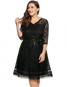 

Black 3"4 Sleeve Lace Patchwork Plus Size Dress with Lining, Multicolor