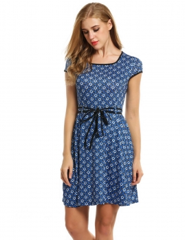 

Zeagoo Blue Women Cap Sleeve Vintage Style Floral Print Pleated Mini With Belt Casual Dresses, Multicolor