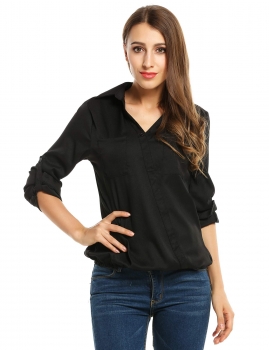 

Zeagoo Black V-Neck Roll Up Sleeve Elastic Hem Solid Pullover Shirts & Blouses, Multicolor