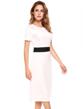 

White Casual O-Neck Short Sleeve Patchwork Contrast Color Dress, Multicolor