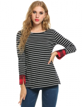 

Zeagoo Black O-Neck Roll Up 3"4 Sleeve Striped Slim Fit T-Shirts, Multicolor