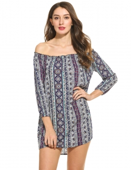

Blue Women Fashion Slach Collar Elastic 3"4 Sleeve Off Shouder Floral Straight Short Casual Dresses, Multicolor