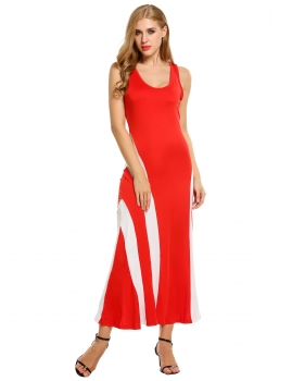 

Red Women Fashion Sexy Casual Sleeveless Tank Striped Pachwork Hollow Back Flare Hem Long Maxi Going Out Dresses, Multicolor