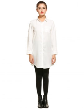 

White Turn-down Collar Long Sleeve Solid Shirts & Blouses, Multicolor