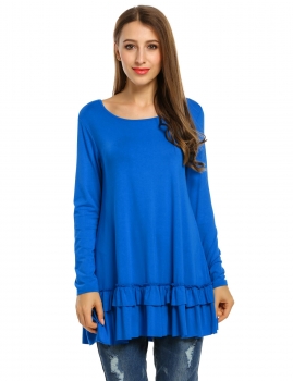 

Blue Long Sleeve Ruffle Hem Loose Fit Solid Tunics, Multicolor