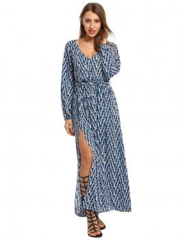 

Meaneor Color 2 Women Deep V-Neck Long Sleeve Side Slit Print Maxi With Belt Casual Dresses, Multicolor