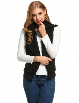 

Black Casual Hooded Solid Fleece Vest with Pockets, Multicolor
