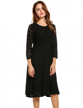 

Black New Women O-Neck Long Sleeve Floral Hollow Out Casual Dresses, Multicolor