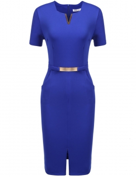 

Blue Business Metal Decorations Front Split Elastic Pencil Dress, Multicolor