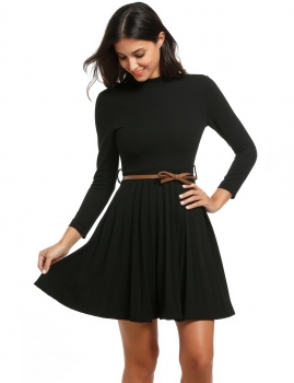 

Zeagoo Black Women Stand Collar Long Sleeve Fit and Flare Mini Pleated with Belt Party Dresses, Multicolor