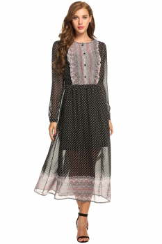 

New Women Vintage Styles 2 Pieces Dress Set O-Neck Prints Pleated Chiffon Maxi Dress with Solid Spaghetti Straps Bottom Dress, Multicolor