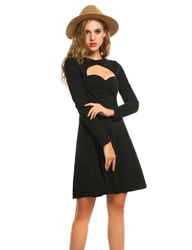 

Black New Fashion Women Sexy O-Neck Long Sleeve Slim Hollow out Party Dresses, Multicolor