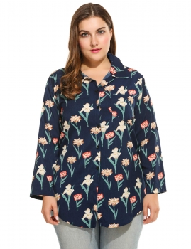 

Blue Floral Print Long Sleeve Loose High Low Hem Button Down Shirt, Multicolor