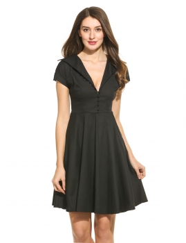 

New Women Vintage Style Turn Down Neck Short Sleeve Solid Pleated Dress, Multicolor