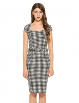 

Black New Women Vintage Style Square Neck Cocktail Party Bodycon Pencil Dress with Belt, Multicolor