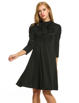 

Black Women Stand Collar Pleated Sleeve Bowknot Solid Dress, Multicolor