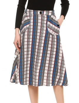 

Blue Plaid Vintage Style Mid-Calf High Waist Skirt With Big Pockets, Multicolor