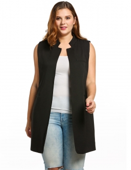 

Black Stand Collar Sleeveless Open Front Solid Long Blazer Vest, Multicolor